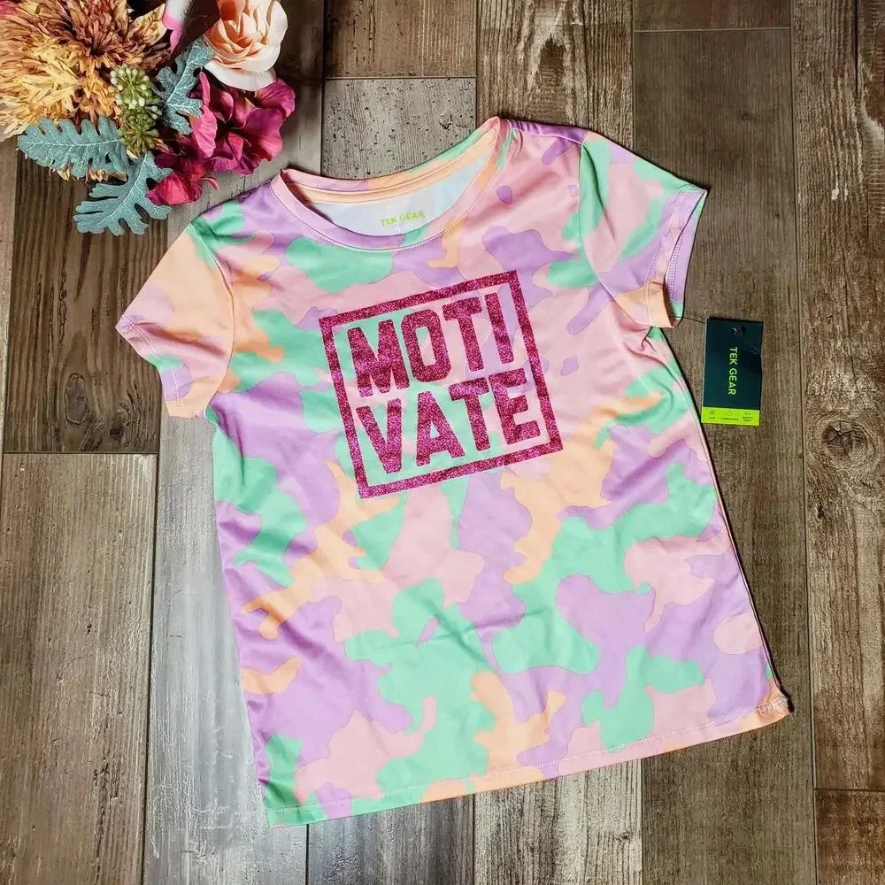 NWT TEK GEAR Girls Pastel Camo Bling Crewneck Performance Shirt Medium Size 8